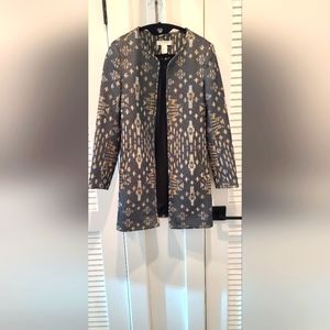 H&M Navy Blue Printed US 2 Printed Jacquard Long Blazer Jacket